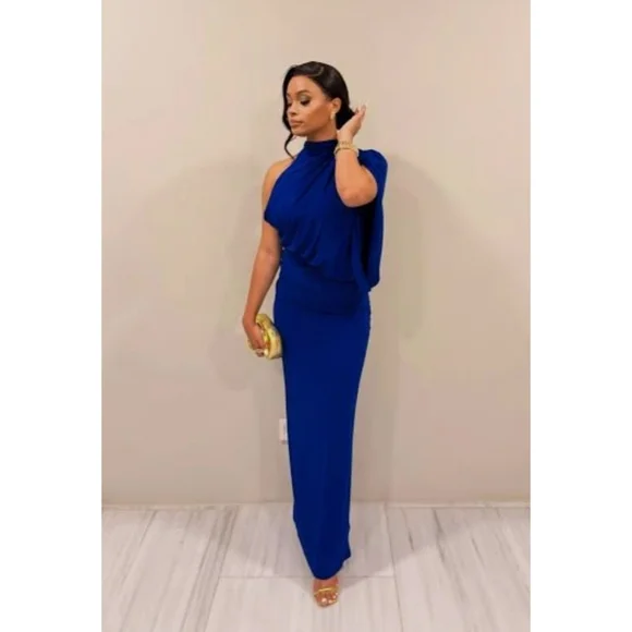 Zara Draped Cape Dress Maxi Blue NWT - Picture 9 of 16